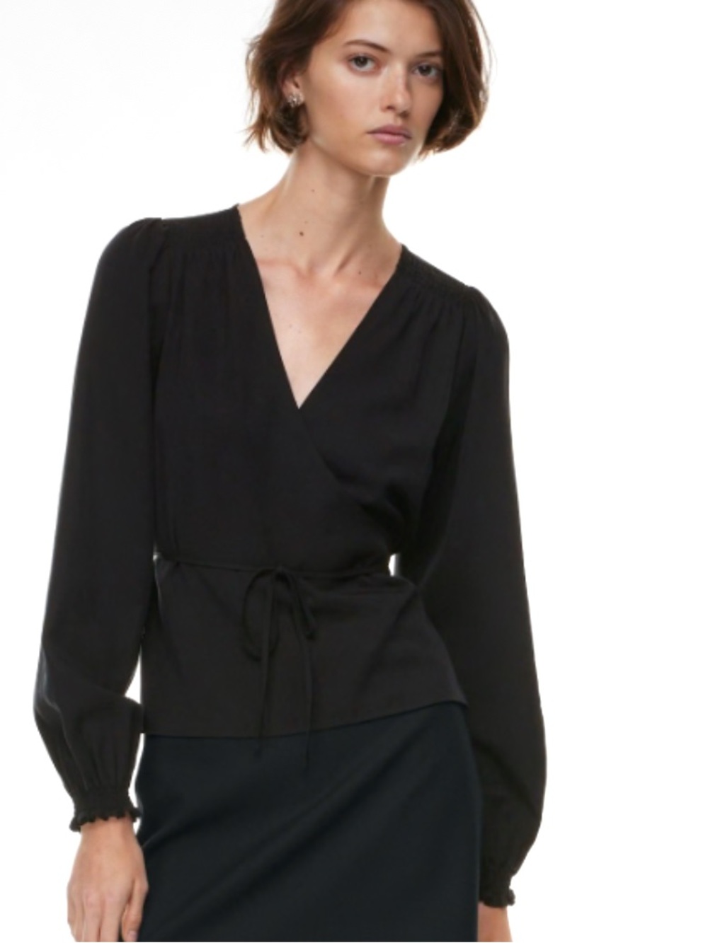 Aritzia gracious blouse black Wrap Tie-Waist Long-Sleeve Top